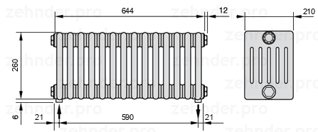 Схема (чертеж) Радиатор Zehnder Charleston 6026/14 №3570 Белый глянцевый RAL 9016